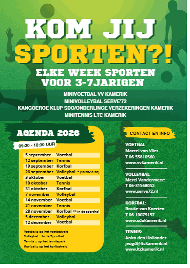 Flyer: kom jij sporten? Elke week sporten voor 3-7 jarigen, met agenda 2026 en contactgegevens per vereniging